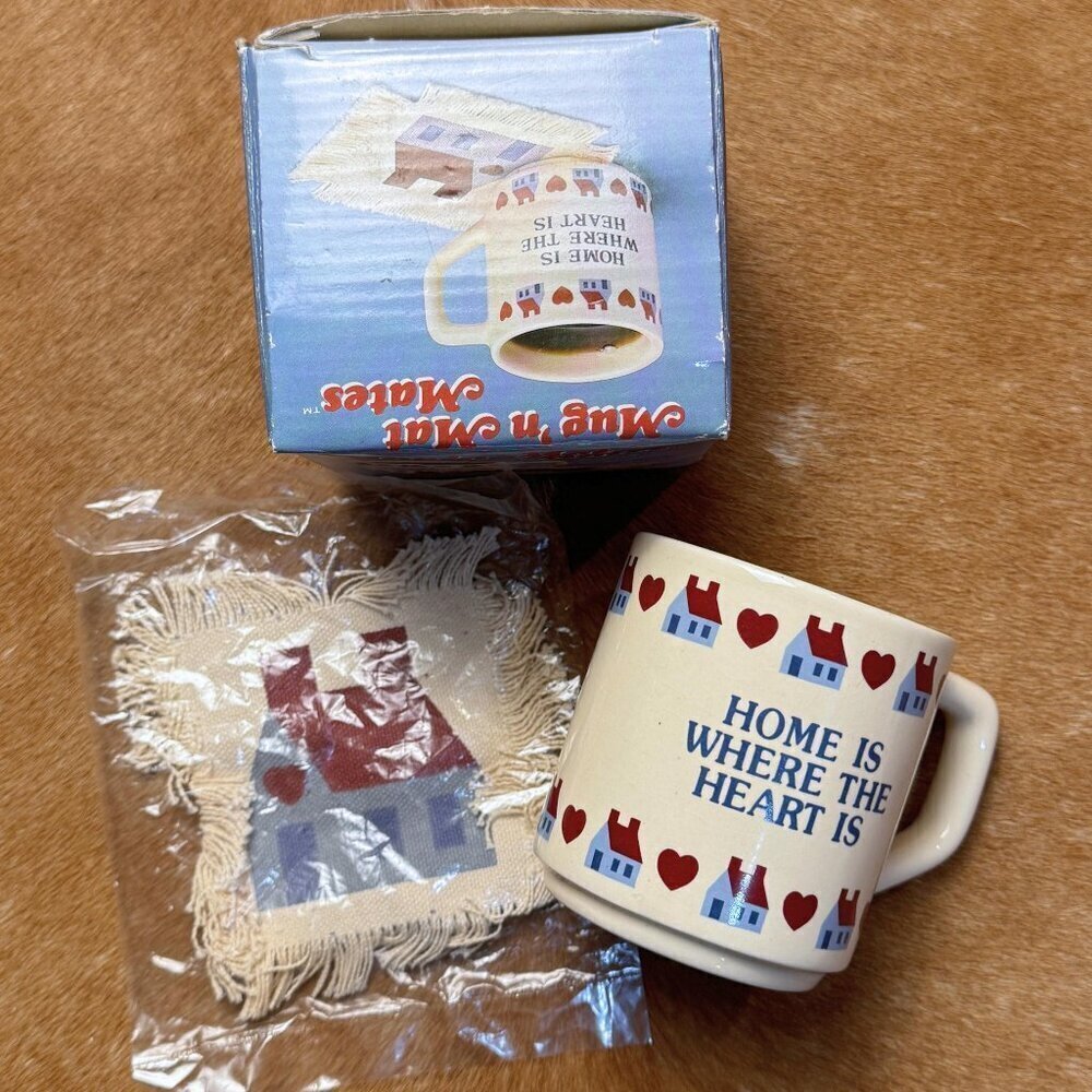 Vintage Mug 'n Mat Mates™ Set - "Home Is Where the Heart Is", Retro Coffee Cup